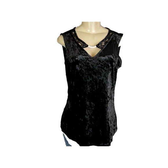 Belah & Codey XL Black Crushed Velvour Keyhole Neck Metal Accent Sleeveless Top - Picture 2 of 5